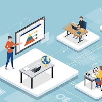 isometric illustration of people working at desks
